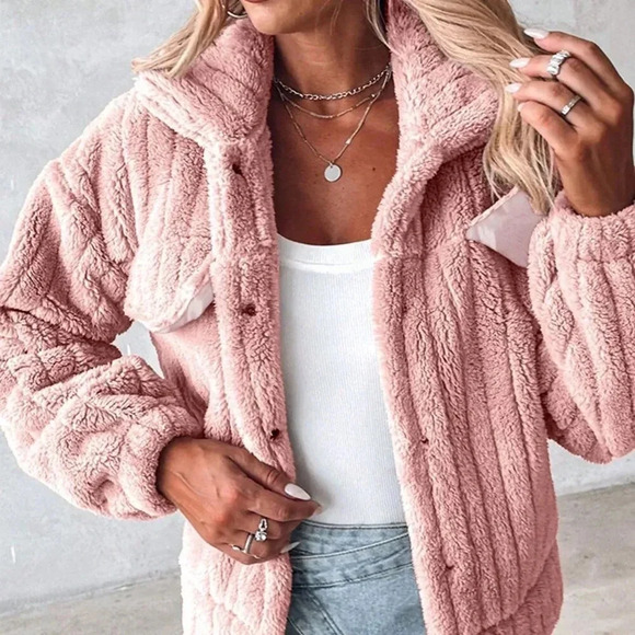 Pink Casual Women's Fashion Stand Collar Fuzzy Jacket Coat - Picture 4 of 7
